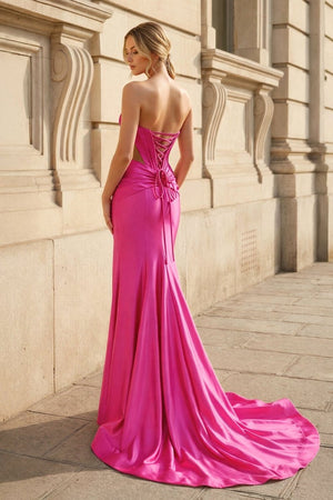 Yellow Sweetheart Mermaid Satin Beaded Long Prom Dresses With Slit – Prom Dress by KissProm | Available at KissProm
