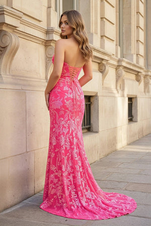 Fuchsia Strapless Sequins Lace Mermaid Prom Dresses with Slit - KissProm