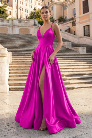 Burgundy Spaghetti Straps A Line Satin Long Prom Dresses With Slit - KissProm
