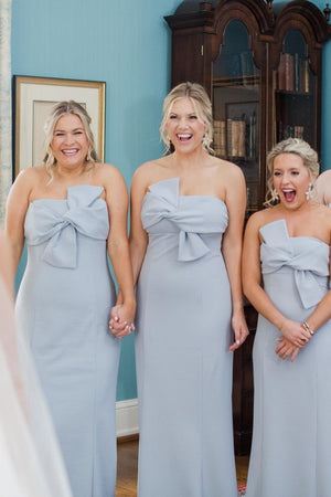 Strapless Tie Front Sky Blue Sheath Long Bridesmaid Dress - KissProm