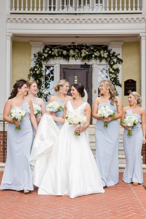 Strapless Tie Front Sky Blue Sheath Long Bridesmaid Dress - KissProm