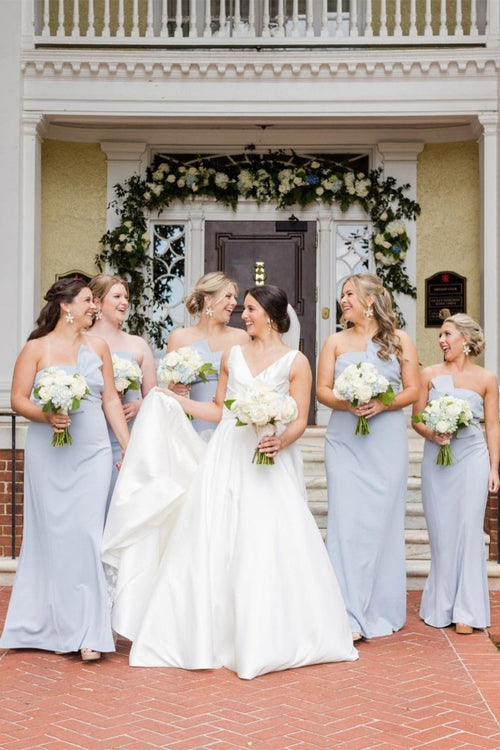 Strapless Tie Front Sky Blue Sheath Long Bridesmaid Dress - KissProm