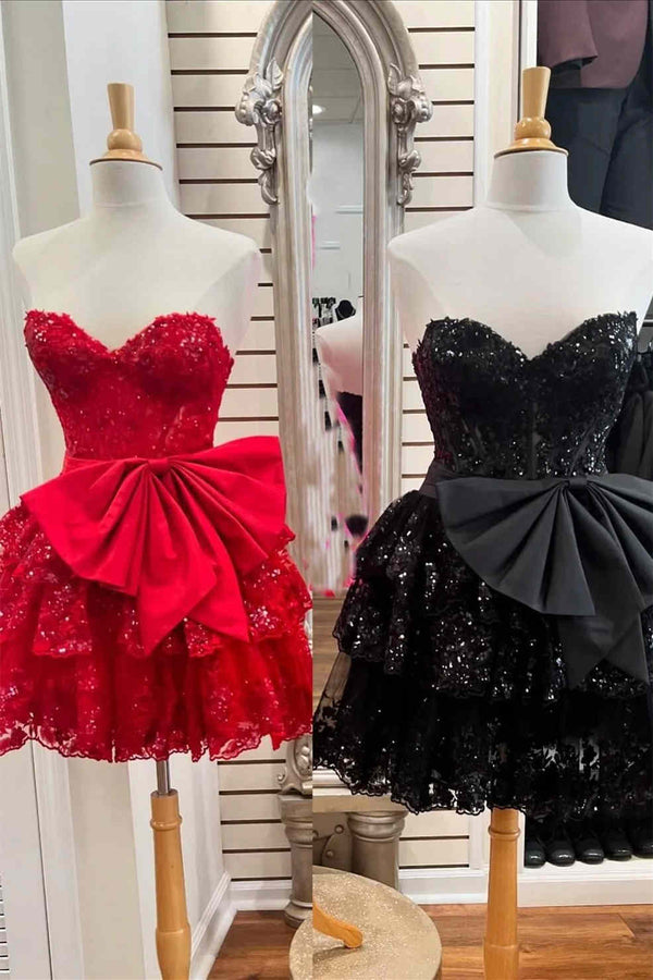 Maylin | Black - Corset Sequin Appliques Short Party Dress with Bow