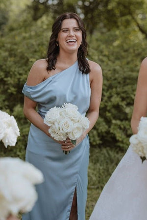Mermaid Satin One Shoulder Bridesmaid Dress with Slit - KissProm
