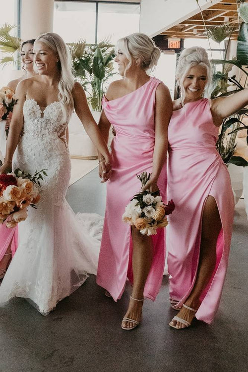 Mermaid Satin One Shoulder Bridesmaid Dress with Slit - KissProm