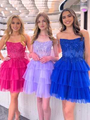 Galadriel | Royal Blue - Strapless A Line Tulle Homecoming Dress With Appliques