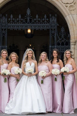 Geneal | Strapless Pink Scoop Pleated Satin Long Bridesmaid Dress With Big Bow