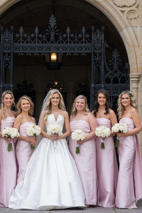 Geneal | Strapless Pink Scoop Pleated Satin Long Bridesmaid Dress With Big Bow