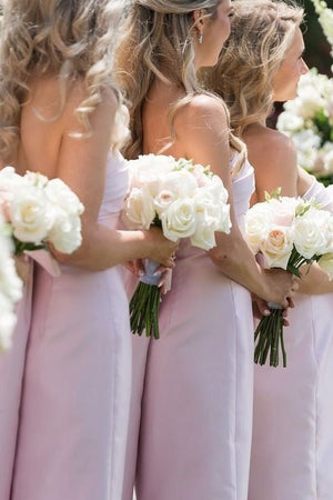 Geneal | Strapless Pink Scoop Pleated Satin Long Bridesmaid Dress With Big Bow