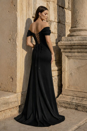 Yellow Mermaid Off The Shoulder Satin Long Prom Dresses With Flowers - KissProm