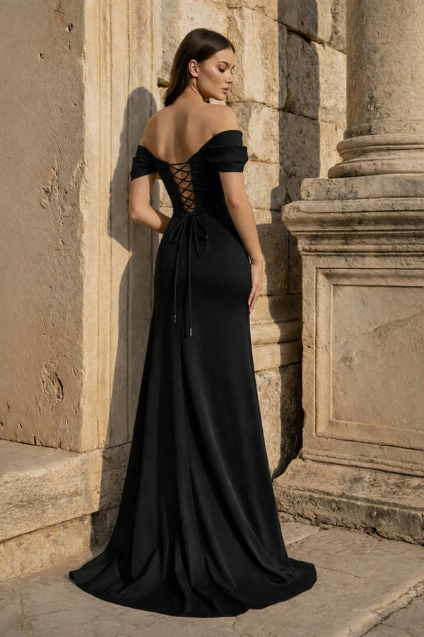 Yellow Mermaid Off The Shoulder Satin Long Prom Dresses With Flowers - KissProm