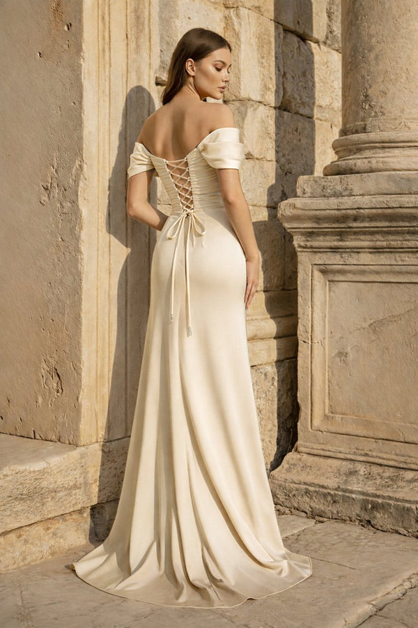 Yellow Mermaid Off The Shoulder Satin Long Prom Dresses With Flowers - KissProm