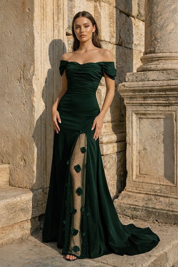 Yellow Mermaid Off The Shoulder Satin Long Prom Dresses With Flowers - KissProm