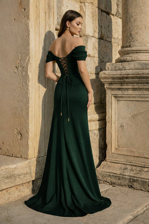 Yellow Mermaid Off The Shoulder Satin Long Prom Dresses With Flowers - KissProm