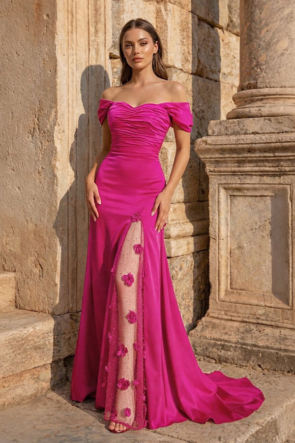 Yellow Mermaid Off The Shoulder Satin Long Prom Dresses With Flowers - KissProm