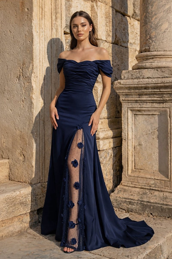 Yellow Mermaid Off The Shoulder Satin Long Prom Dresses With Flowers - KissProm
