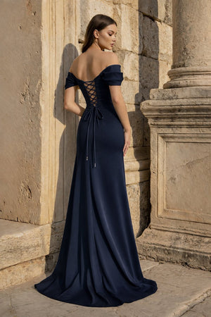 Yellow Mermaid Off The Shoulder Satin Long Prom Dresses With Flowers - KissProm