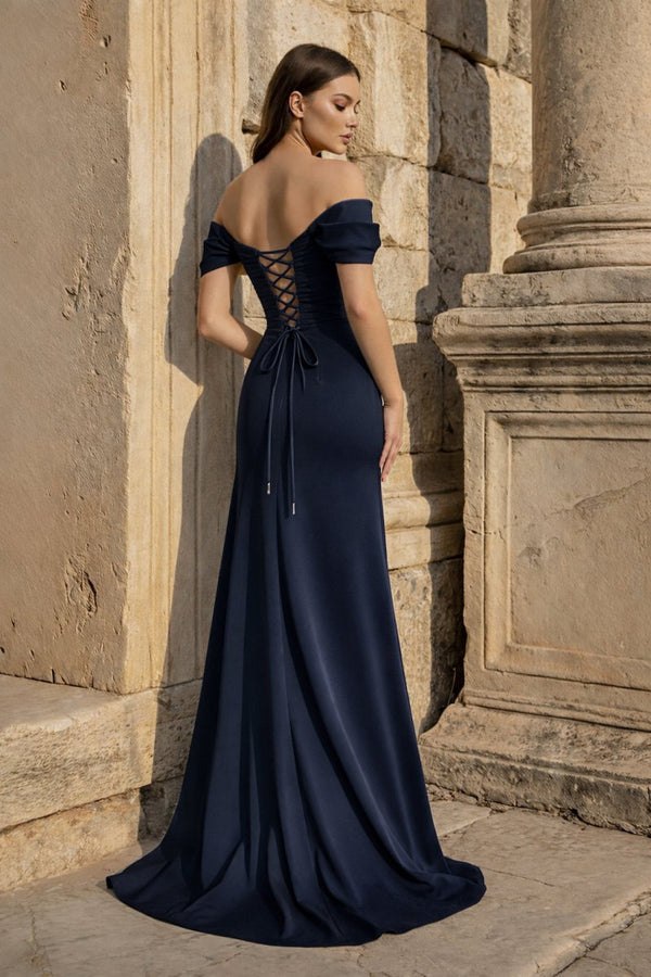Yellow Mermaid Off The Shoulder Satin Long Prom Dresses With Flowers - KissProm