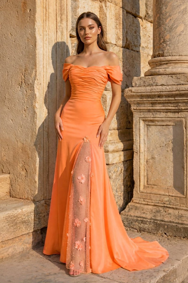 Yellow Mermaid Off The Shoulder Satin Long Prom Dresses With Flowers - KissProm