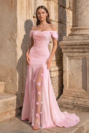 Yellow Mermaid Off The Shoulder Satin Long Prom Dresses With Flowers - KissProm