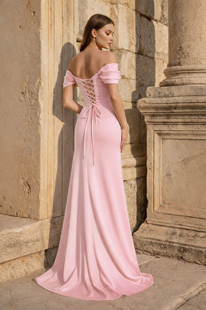 Yellow Mermaid Off The Shoulder Satin Long Prom Dresses With Flowers - KissProm