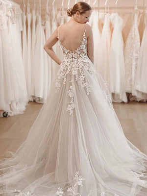 Dalia | Glitter Ivory A - Line Spaghetti Straps Long Wedding Dress with Appliques - KissProm