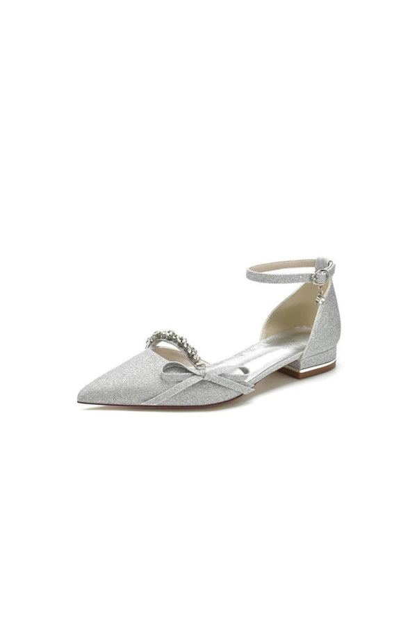 Glitter Pointed Toe Low Heels Wedding Shoes with Bow - KissProm