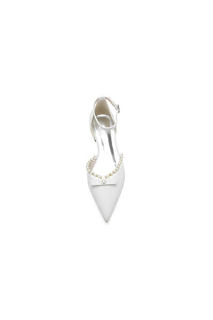 Glitter Pointed Toe Pearl Ankle Strap Low Heels With Bow - KissProm