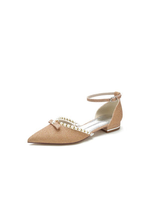Glitter Pointed Toe Pearl Ankle Strap Low Heels With Bow - KissProm