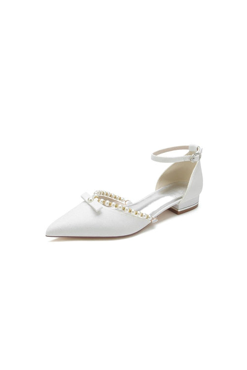 Glitter Pointed Toe Pearl Ankle Strap Low Heels With Bow - KissProm