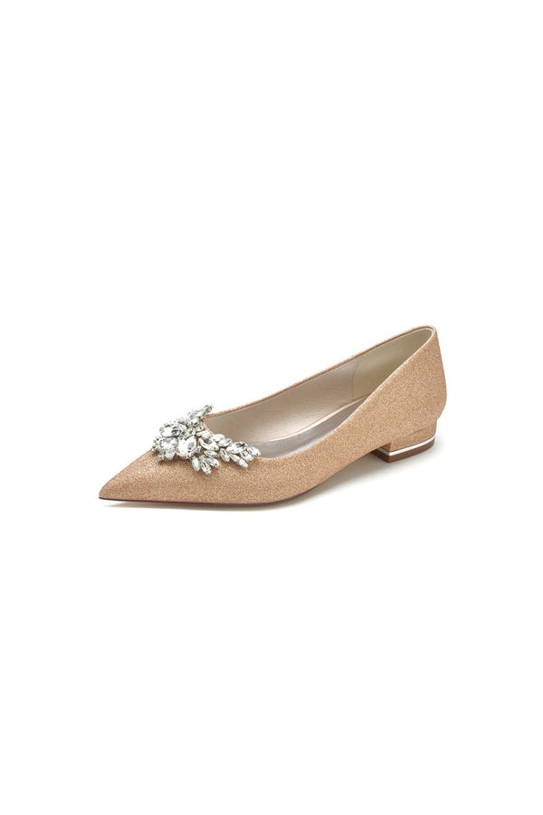 Glitter Pointed Toe Rhinestone Low Heels - KissProm