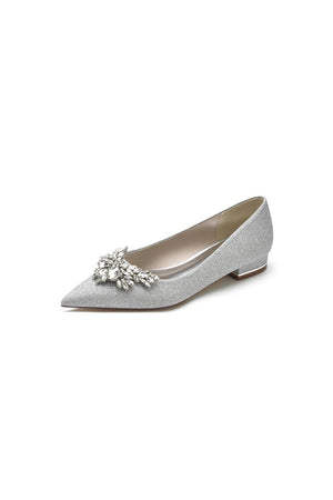 Glitter Pointed Toe Rhinestone Low Heels - KissProm
