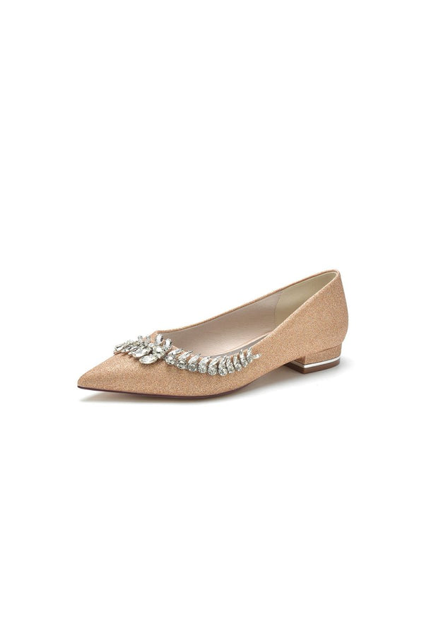 Glitter Pointed Toe Rhinestone Slip - on Low Heels - KissProm