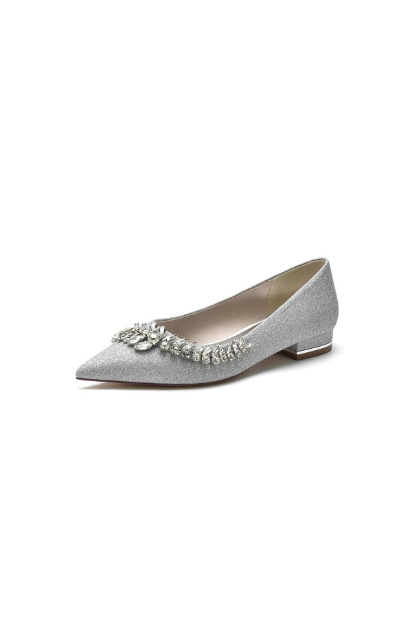 Glitter Pointed Toe Rhinestone Slip - on Low Heels - KissProm