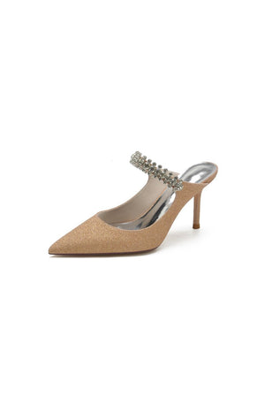 Glitter Pointed Toe Rhinestone Strappy Slip - on Stiletto Heels - KissProm