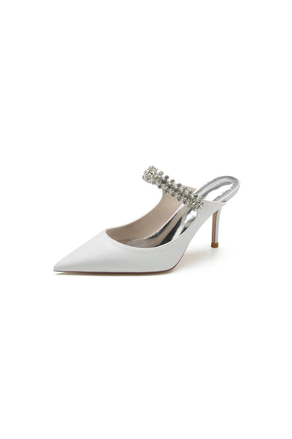 Glitter Pointed Toe Rhinestone Strappy Slip - on Stiletto Heels - KissProm
