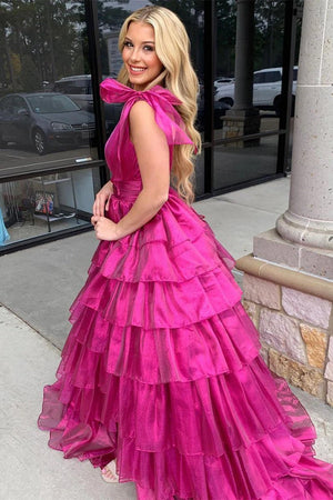 KissProm-August Magenta Glitter Tie Straps Pink Plunging Neck Tiered Long Prom Dress