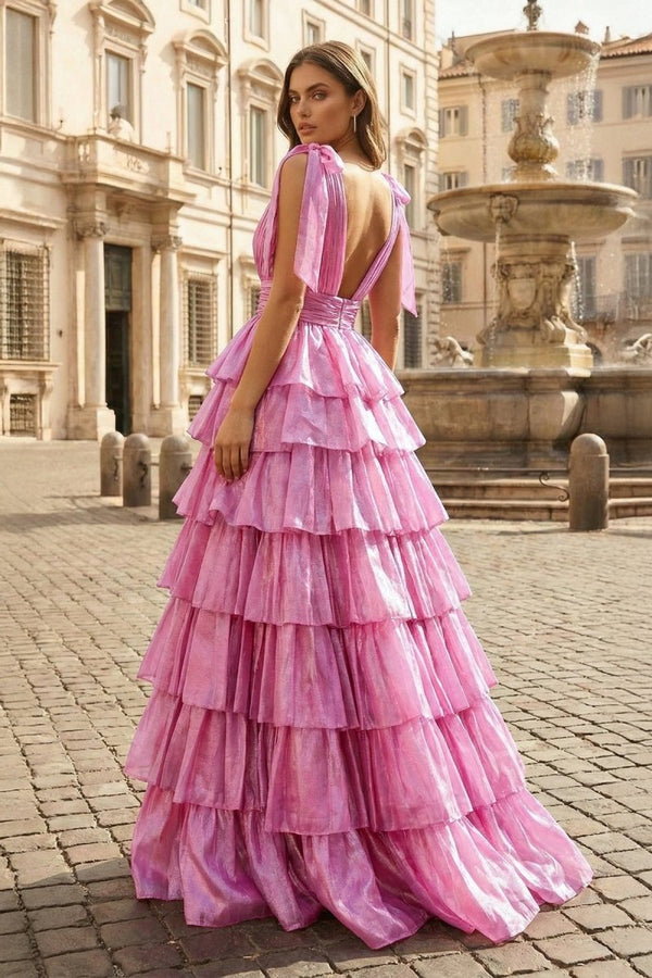 Glitter Tie Straps Pink Plunging Neck Tiered Long Prom Dress - KissProm