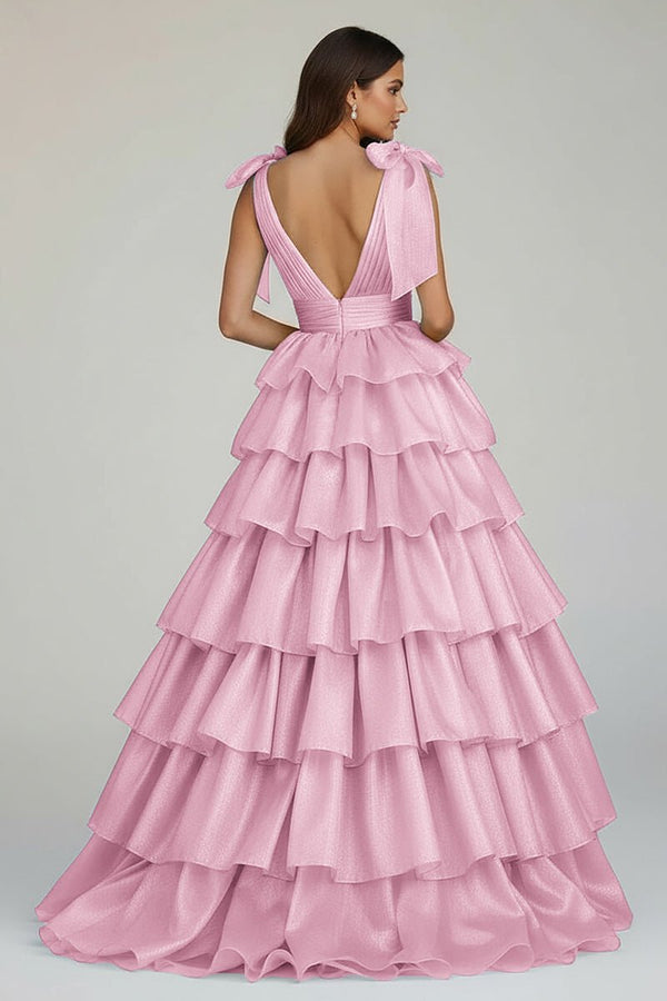 KissProm-August Light Pink Glitter Tie Straps Pink Plunging Neck Tiered Long Prom Dress