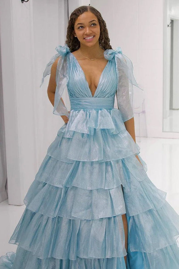 KissProm-August Sky Blue Glitter Tie Straps Pink Plunging Neck Tiered Long Prom Dress