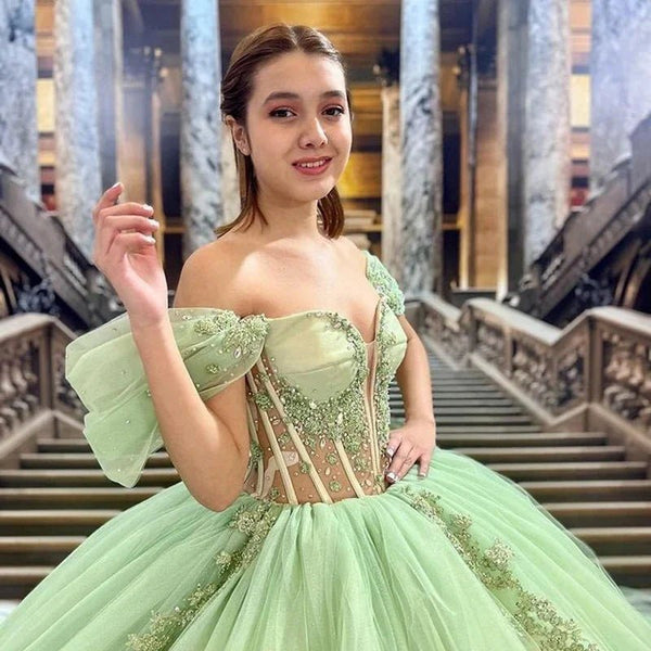 Sage Green Off Shoulder Beading Floral Appliqué Quinceanera Dress