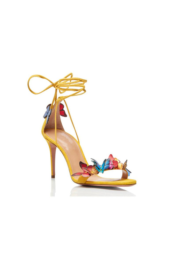Gold Butterfly Embellished Lace Up High Heel Sandals - KissProm