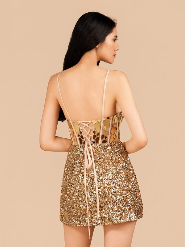 Nelly | Red Mirror-Cut Sequins Halter Sheath V Neck Homecoming Dress