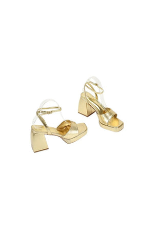 Gold Peep Toe Ankle Strap Chunky Heel Prom Shoes - KissProm