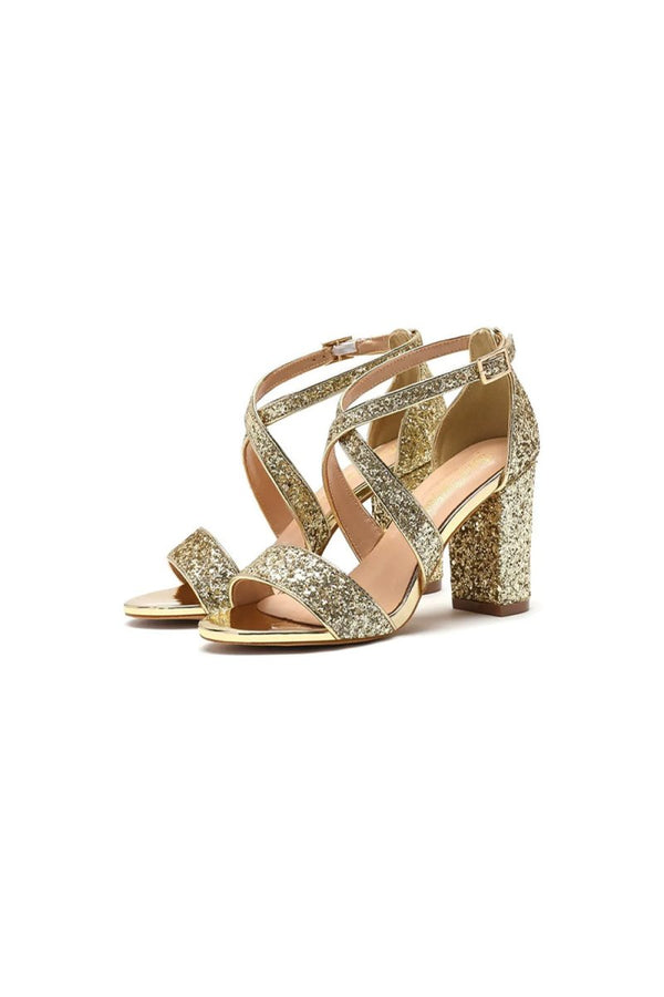 Silver Sequined Cross Straps Open Toe Chunky Heels - KissProm