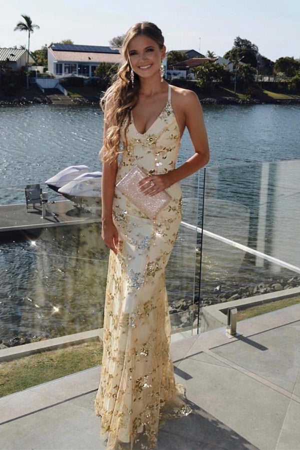 Lace-Up Mermaid Long Gold Prom Dress with Sequins – Prom Dress by KissProm | Available at KissProm