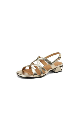 Golden Sparkly Low Chunky Heel Sandal - KissProm