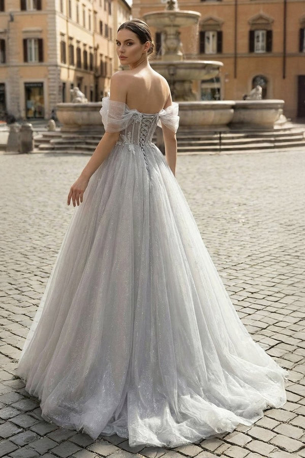 Gray A - Line Off the Shoulder Tulle Prom Dress, Lovely Corset Floor Length Party Dress - KissProm