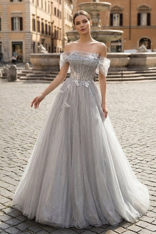 Gray A - Line Off the Shoulder Tulle Prom Dress, Lovely Corset Floor Length Party Dress - KissProm