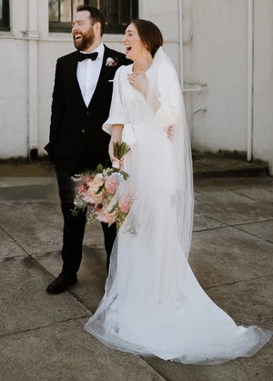 Simple Elegant Half Sleeves Crepe O - Neck White Wedding Dresses with Sash - KissProm
